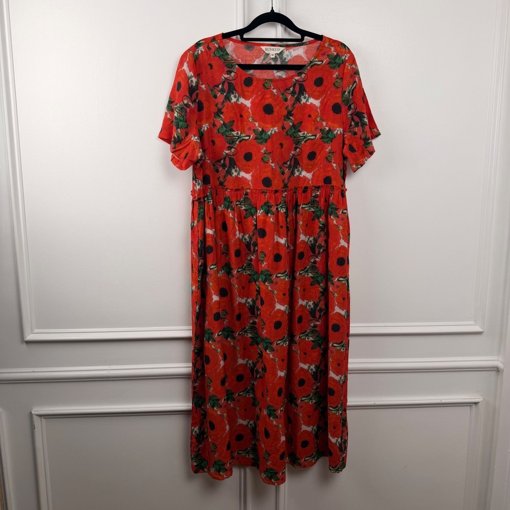 Buykud Red Floral Poppy Print Midi Dress Short Sleeve Babydoll‎ Viscose Blend M